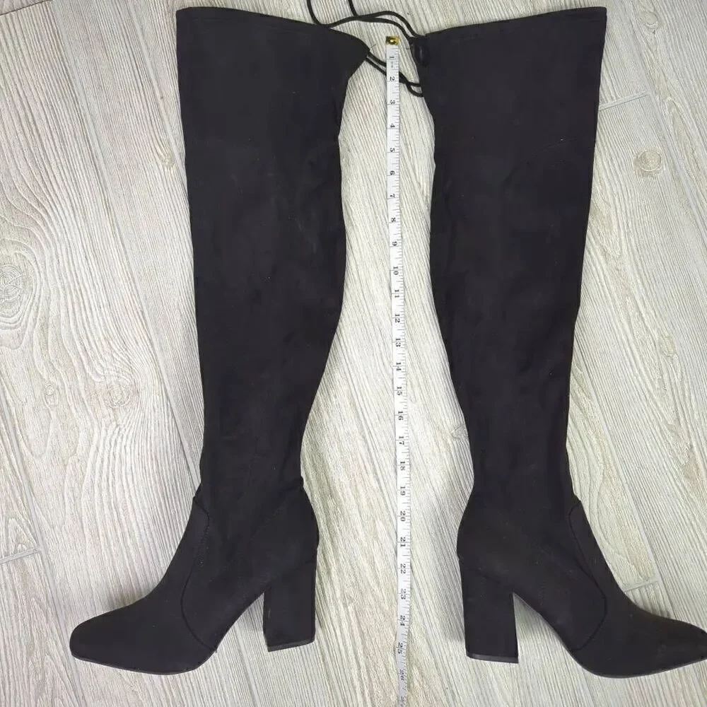 Unisa Black Over The Knee Stretch Heeled Boots Size 7 Medium Faux Suede